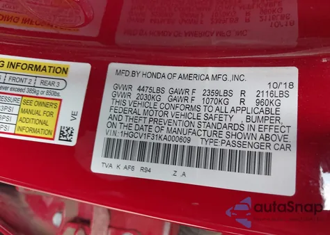 2019 Honda Accord Sport from USA, damaged, VIN 1HGCV1F31KA000609